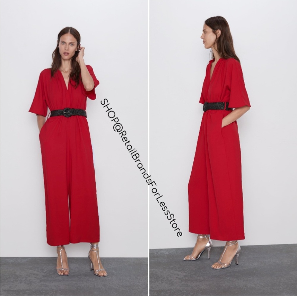 ZARA RED WOVEN BELTED SHORT SLEEVE JUMPSUIT